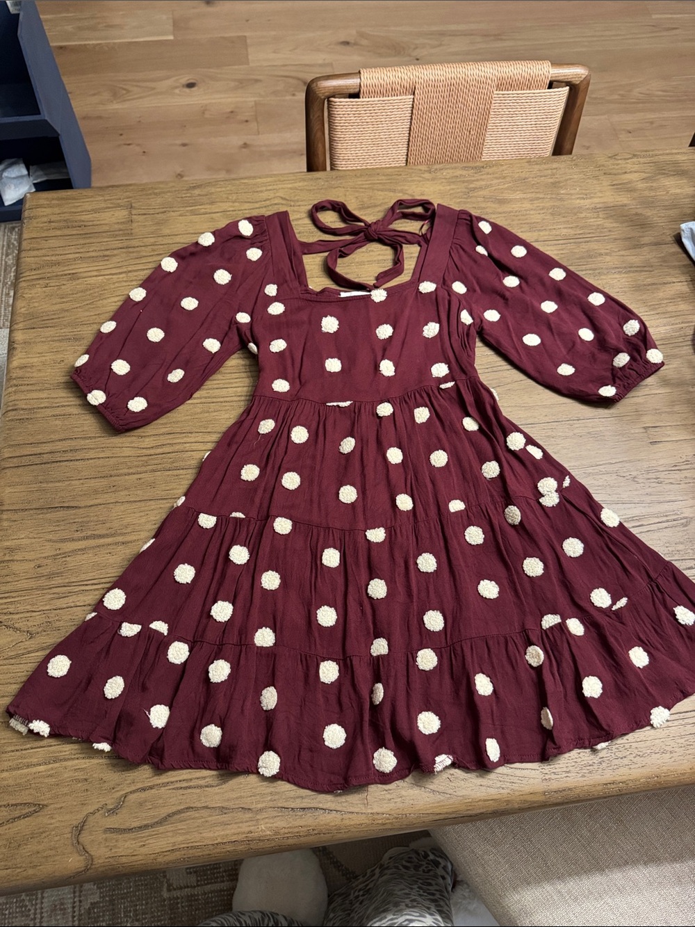 Blu Pepper Burgundy Dress with Cream Polka Dots and Tie Back